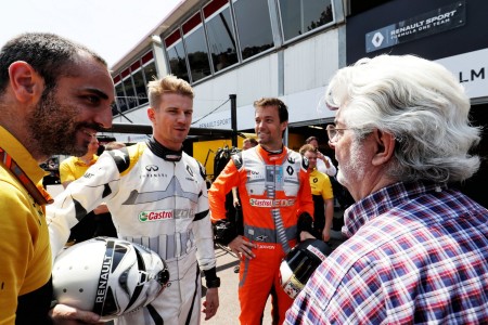 Cyril Abiteboul (Renault), Nico Hülkenberg (Renault), Jolyon Palmer (Renault) et George Lucas à Monaco
