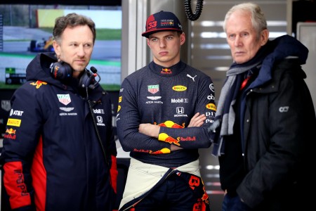 Christian Horner (Red Bull), Max Verstappen (Red Bull) et Helmut Marko (Red Bull) à Barcelone