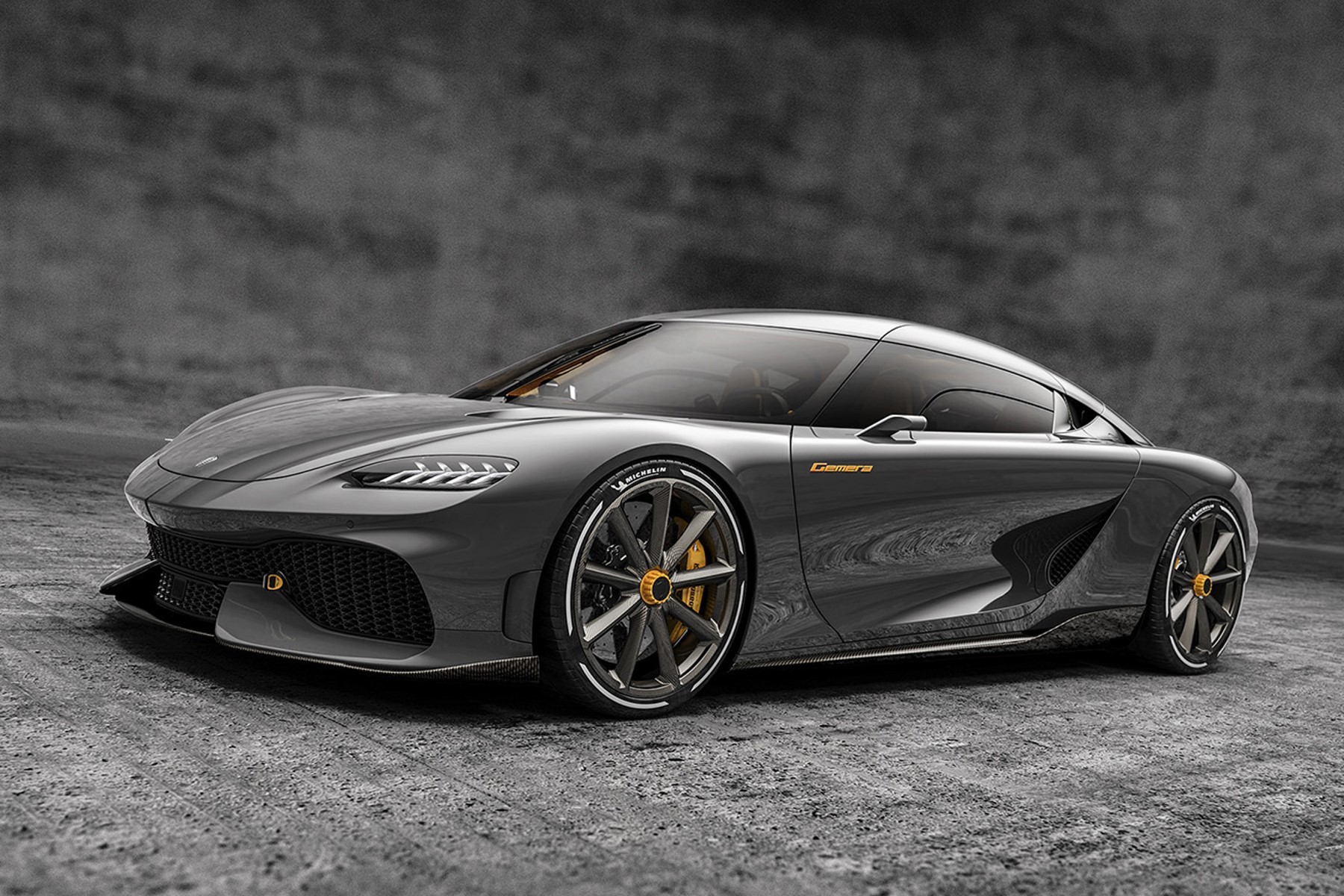 Koenigsegg Gemera (2020) : 3/4 avant gauche gris