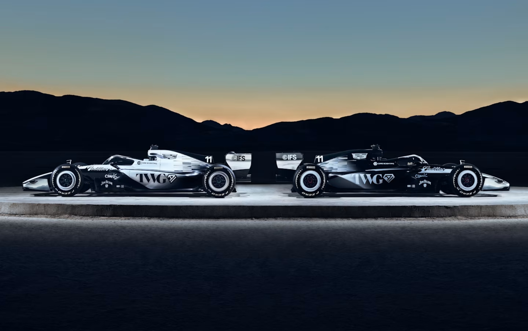 The initial asymmetrical Cadillac F1 livery revealed during the Super Bowl launch.